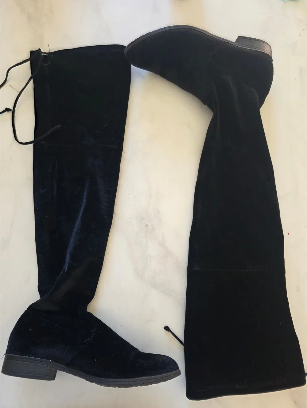 UNISA Women's Size 8 Faux Suede Thigh High Boots Tie Top Low Heel Black